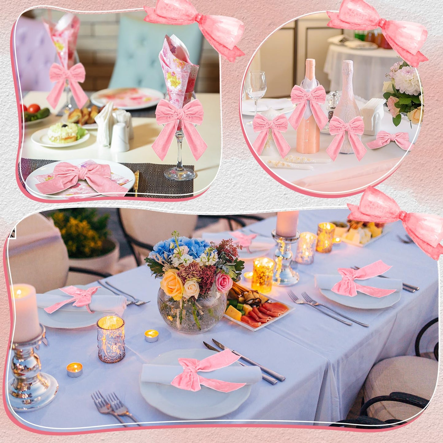 Maxdot 12 Pcs Bow Napkin Rings Set, Velvet Napkin Holders Buckles 4 x 4.9 Inch Serviette Rings for Family Dinner, Wedding, Party, Banquet, Table Decorations (Pink)