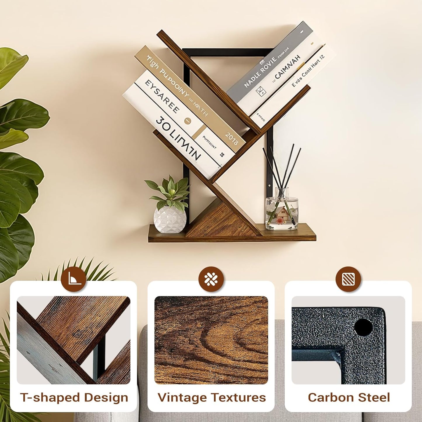 Rustic Brown & Black 3-Tier Tree Book Shelves | Unique Wall-Mounted Floating Bookshelf Organizer