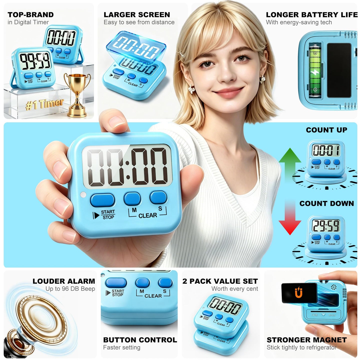 Antonki 2 Pack Digital Timer for Kids, Magnetic Countdown Kitchen Timers for Cooking, Egg, Classroom, Teacher, Exercise, Study, Oven - Battery Included