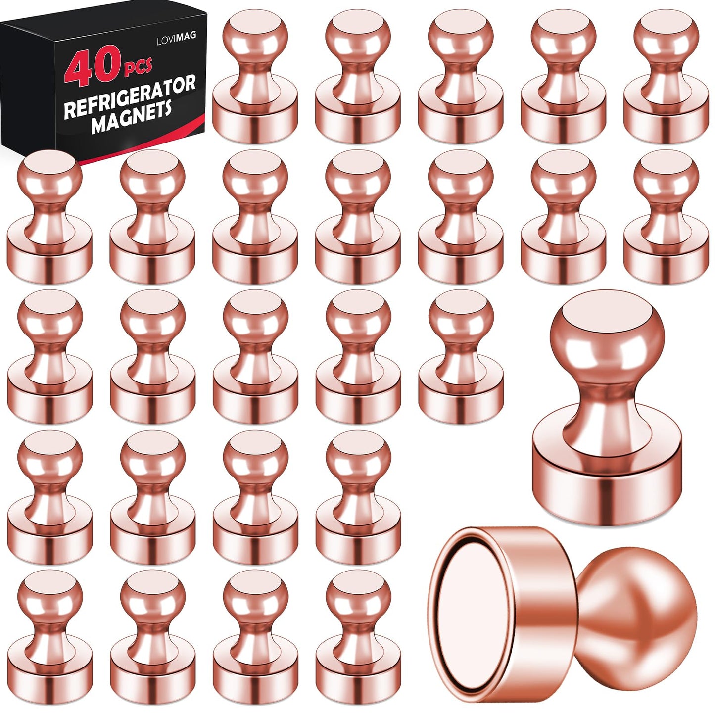 LOVIMAG 40 PCS Refrigerator Magnets, Strong Fridge Magnets for Whiteboard, Rose Gold Magnets Refrigerator Small Neodymium Magnet, Metal Push Pin Magnets for Fridge, Office, Classroom, Home,Kitchen