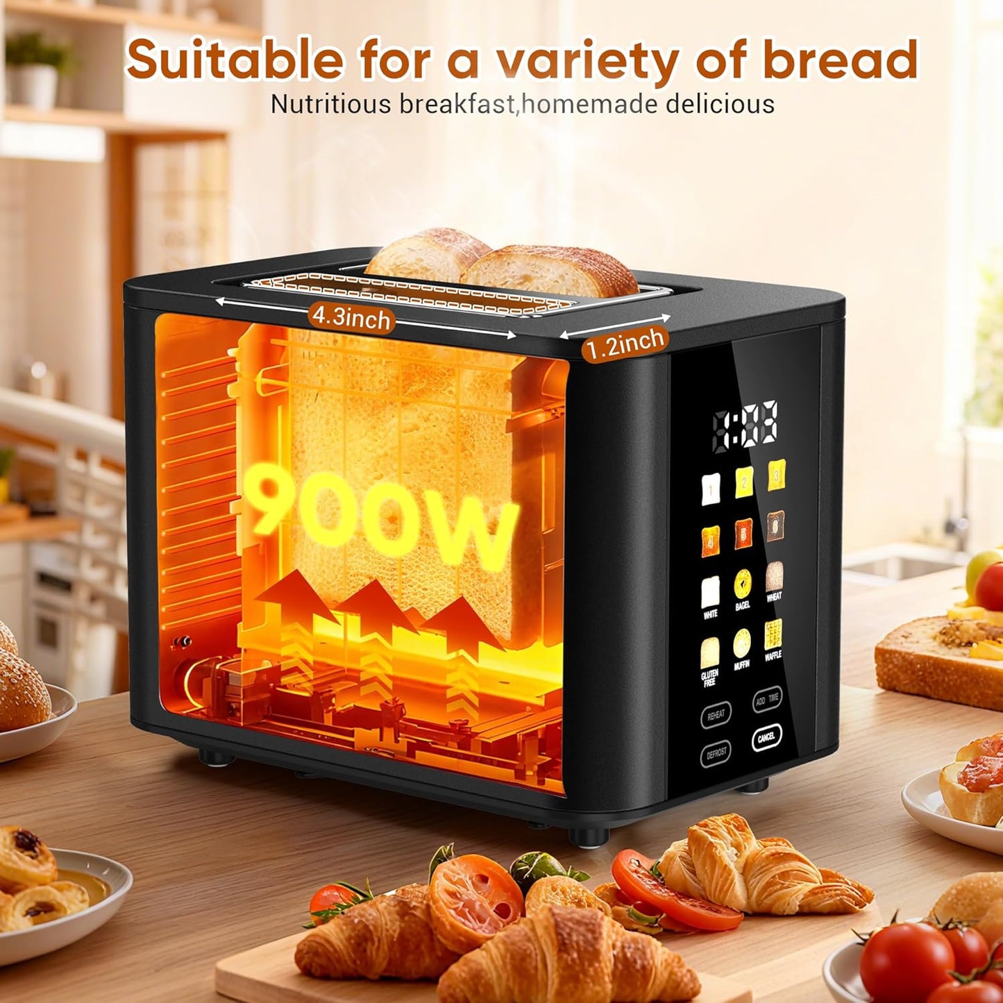 Skiennix Touch Screen Toaster - 2 Slice Black Toaster with LCD Display & 6 Shade Settings