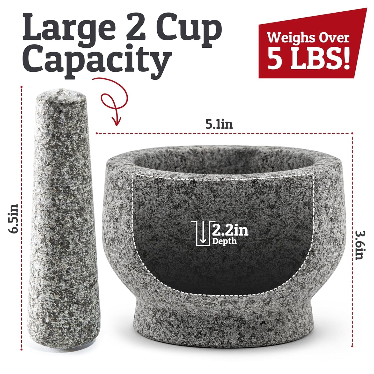 PriorityChef Large Mortar and Pestle Set - Heavy Duty Natural Granite for Fresh Guacamole | 2 Cup Unpolished Grey