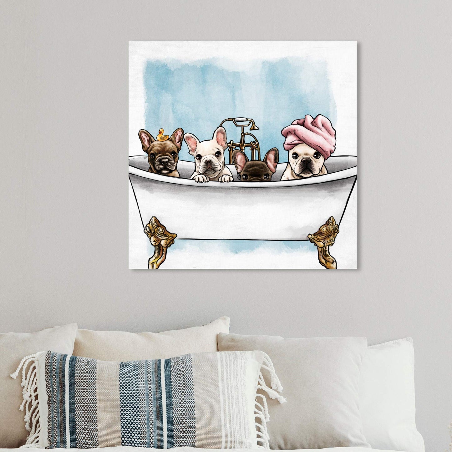 Oliver Gal Animals Modern Canvas Wall Art Frenchies In The Tub Ready to Hang Home Decor 12.0 x 12.0 White and Blue Canvas Art for Bath