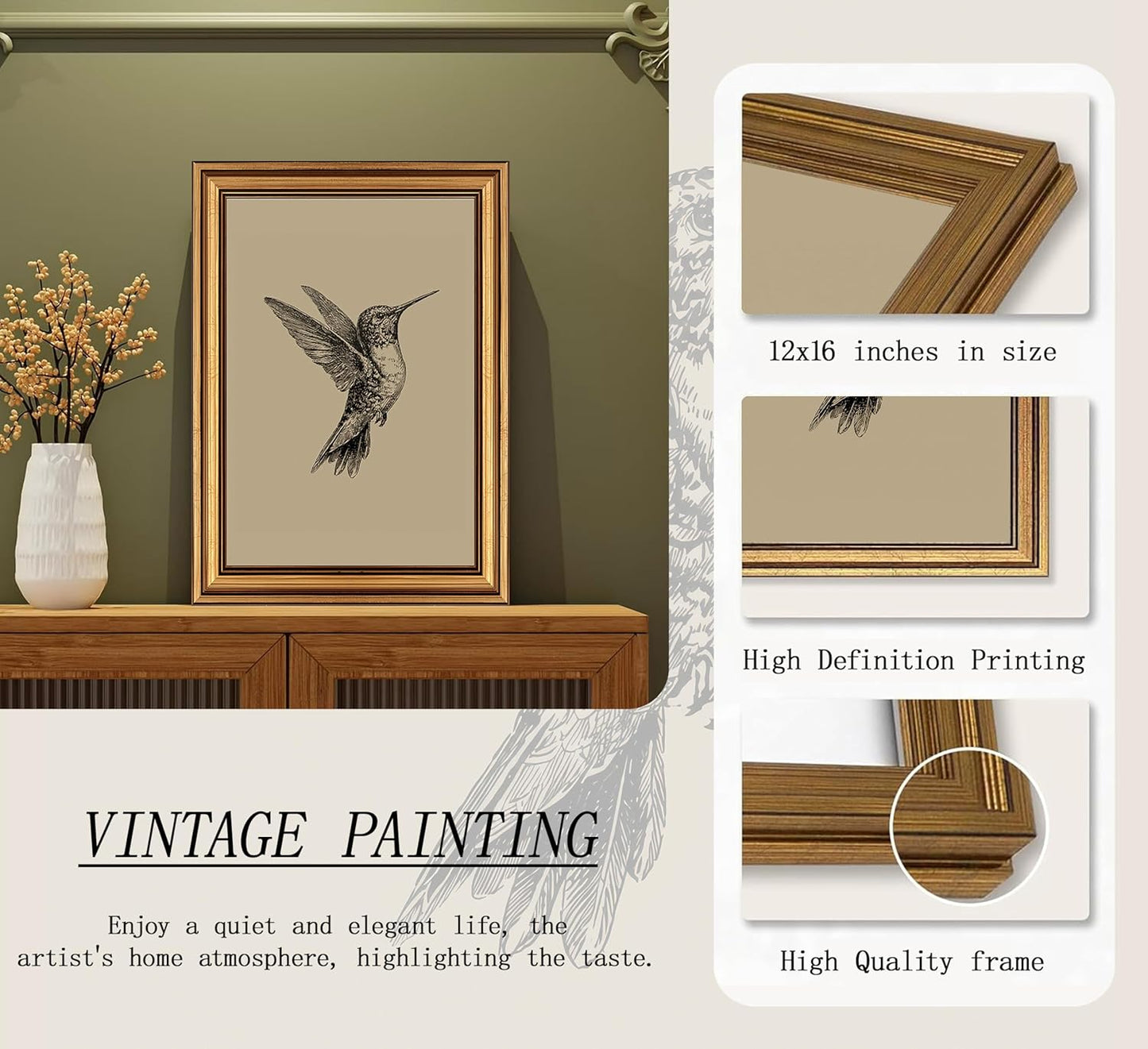 MDHFJEAW Vintage Gold Framed Hummingbird Wall Art - Retro Black and White Canvas Print, 12x16 In