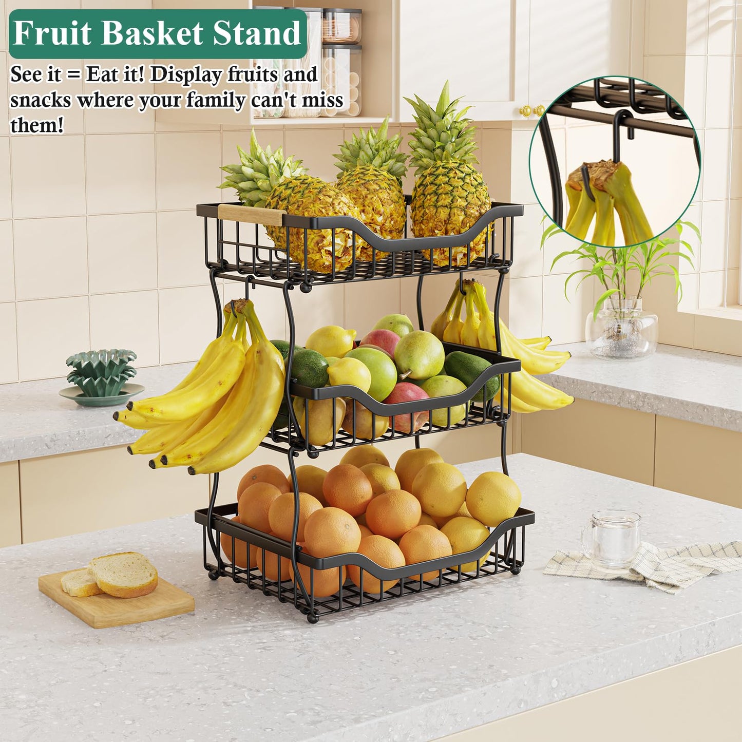OKZEST 3-Tier Fruit Basket for Kitchen Counter with 2 Banana Hangers, Countertop Organizer Fruit Bowls, Fruit Storage Basket Stand with Handle for Storage Potato Onion Bread Snack Fruit Veggie
