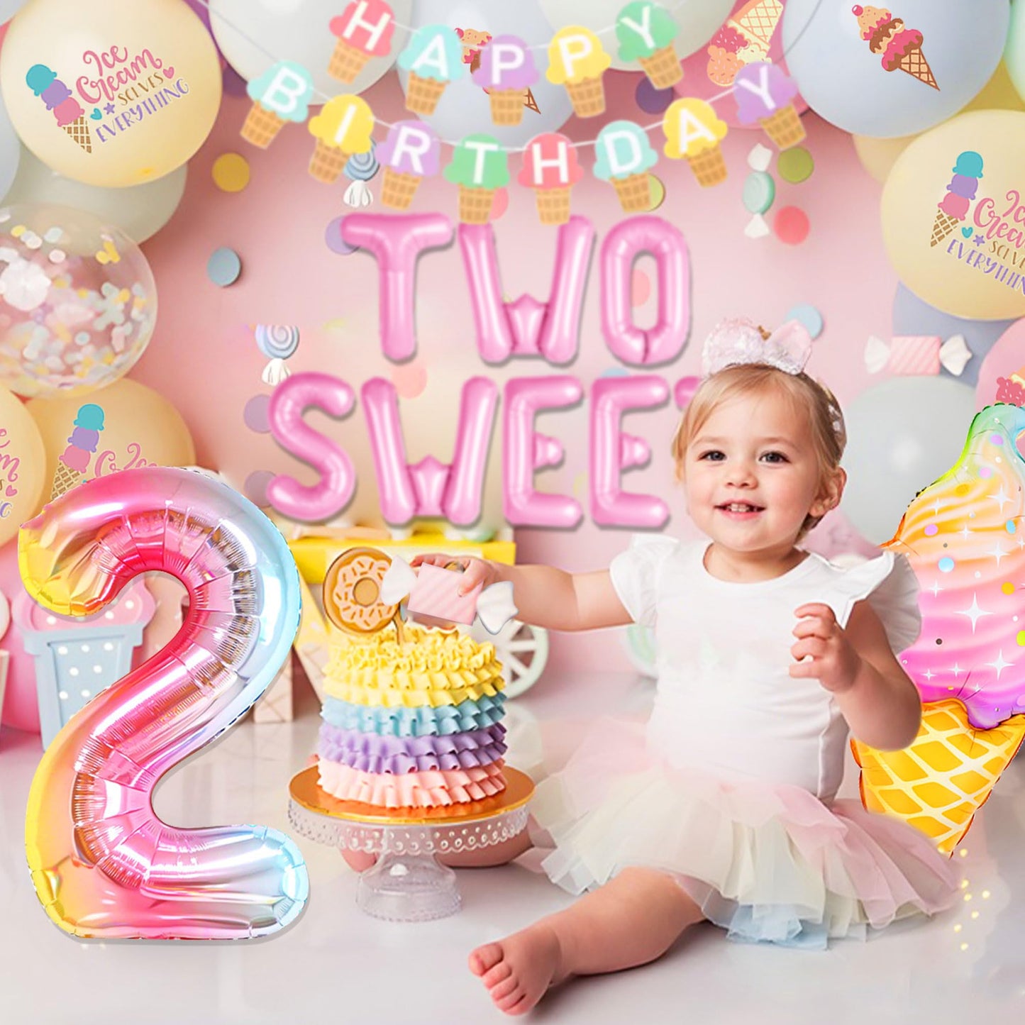 Two Sweet Birthday Party Supplies Decorations 2th Birthday Decorations Ice Cream Party Decoration Number 2 Balloon for Donut Sweet Party Supplies Baby Showers Party Decoration