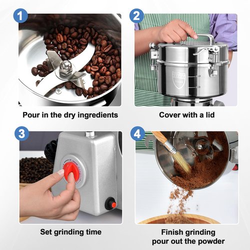 Greatrue 750g Electric Grain Mill Grinder, 304 Stainless Steel Flour Mill, 2800W High Speed Spice Grinder, Electric Grain Mill for Dry Wheat, Oats, Corn, Pepper and Coffee Beans