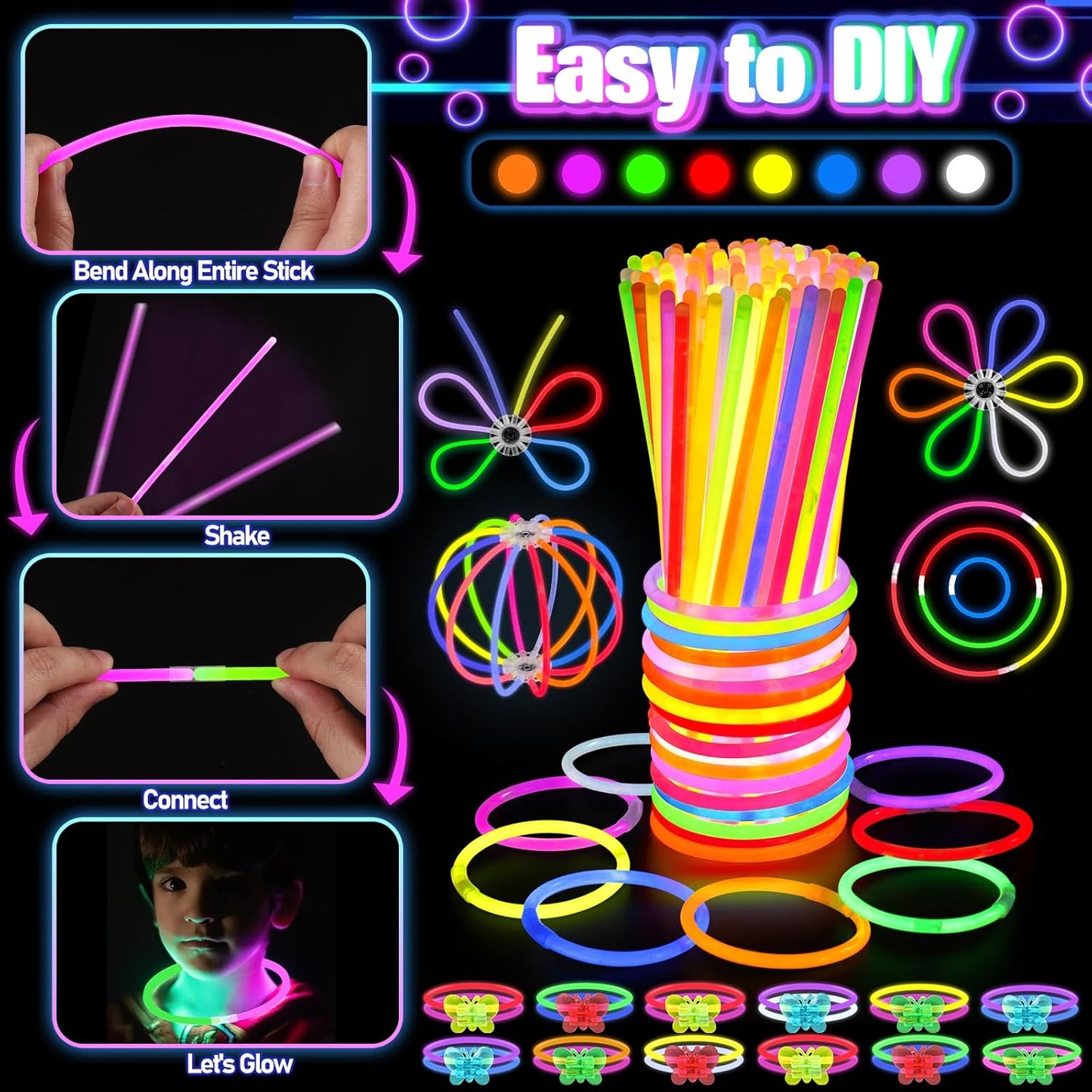 Skiennix 150PCS Glow in the Dark Party Supplies - Light Up Glasses, Headbands & Rings | Neon Party Pack