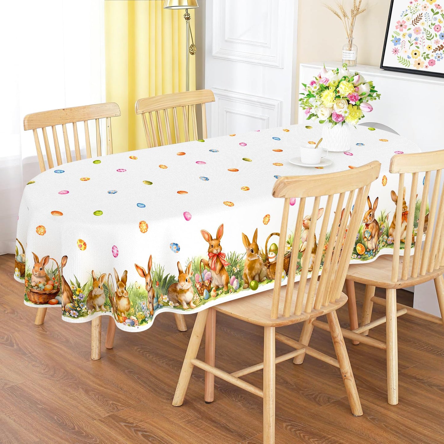 Roszwtit Spring Easter Tablecloth, Easter Eggs Bunny Floral Table Cloth Waterproof, Spring Rabbit Flowers Kitchen Table Decor for Dining Holiday Party 60x84 Inch Oval