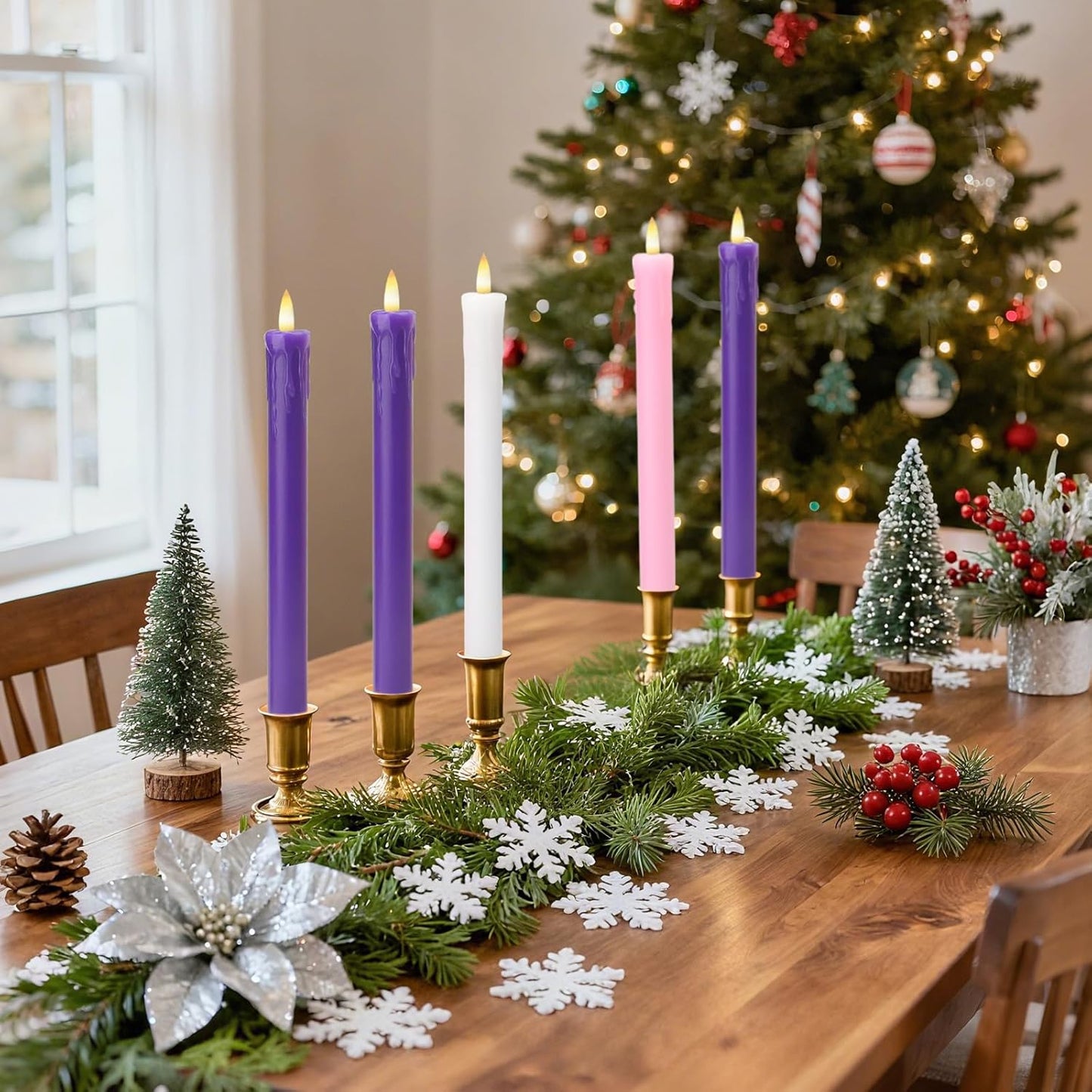 Lezonic Flameless Advent Candles - Battery Operated LED Taper Set of 5 | 3 Purple, 1 Pink, 1 White for Christmas Decor