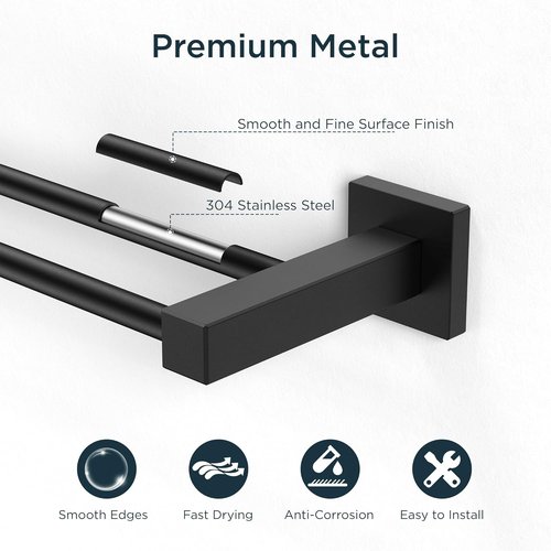 FORIOUS 24-Inch Double Towel Bar - Heavy Duty SUS304 Stainless Steel | Matte Black Finish for Bathroom Wall