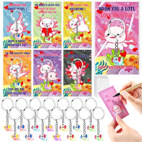 HyDren 28 Sets Valentine Axolotl Gifts for Kids Axolotl Keychains with Cards Gift for Valentine School Classroom Exchange Party Favors(Clear,Light Color)