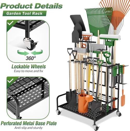 Garden Tool Organizer Rack - Heavy-Duty Steel Storage for Up to 39 Tools | Includes 12 Hooks & Wheels, Black
