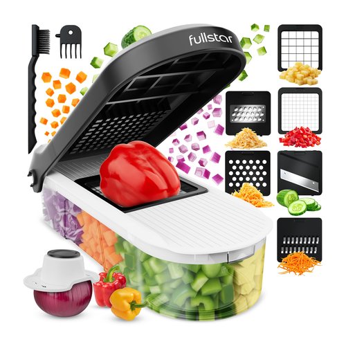 Fullstar Mandoline Slicer for Kitchen - Vegetable Chopper, Onion Potato Food Veggie Fruit Slicer and Cutter with Container, Kitchen Gadgets & Gifts, Home Essentials (6-in-1, White/Black)