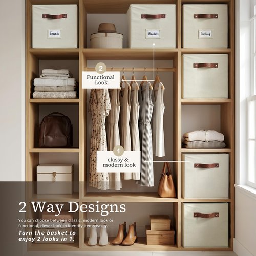 DECOMOMO Storage Cubes, 13x13x13 Storage Cube Bins with Labels, Fabric Organizer Bins (13" / 6pcs, Beige)
