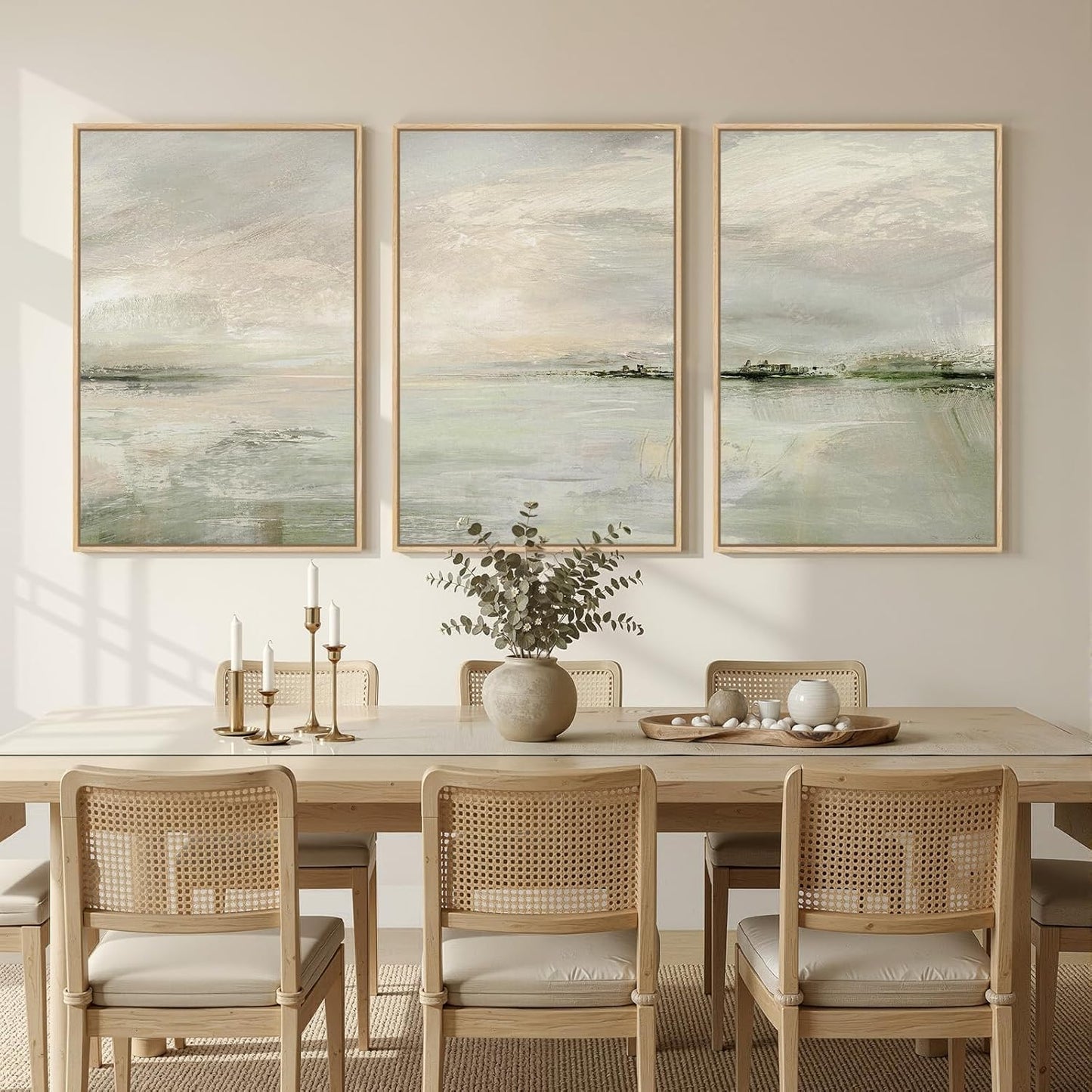 Skiennix Large Framed Sage Green Abstract Landscape Wall Art - 3 Piece Modern Canvas Prints | 24x36 In for Living Room, Office & More
