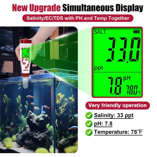 Aquarium Salinity pH Meter,Digital Pool Salt Tester,Simultaneously Display 5 in 1 PPM pH EC Reader Water Quality Tester for Pool, Aquaponics,Koi Pond, Coral Reef Tank