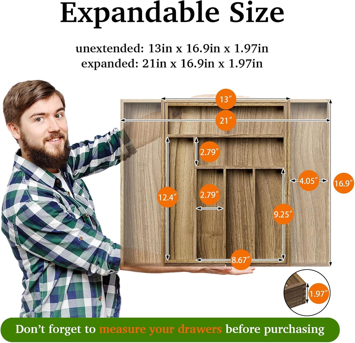 Kiasthome Acacia Wood Silverware Drawer Organizer - Expandable Utensil Tray with Dividers | 13''-21''x16.9'' (6-8 Slots)