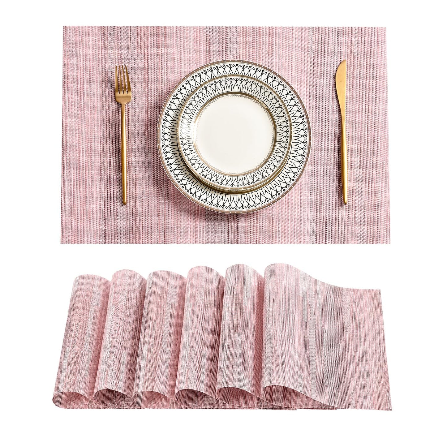 Leetaltree Misty Rose Placemats Set of 6 - Heat Resistant Non-Slip Place mats for Dining Table, Washable Durable PVC Vinyl Woven Table Mats（Misty Rose, 6）
