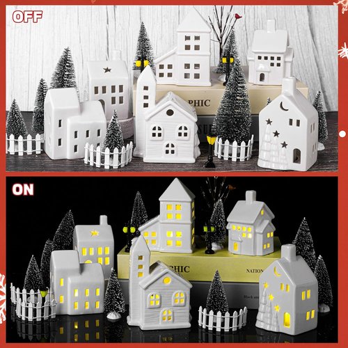 Fovths Christmas Village Set - 37-Piece Lighted Porcelain Houses with Remote Control LED Tealights | Winter Decor