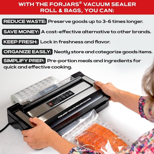 FORJARS Vacuum Sealer Bags Rolls - Airtight Food Storage & Sous Vide Cooking | 7.5 Mil Thickness (8IN x 50FT)