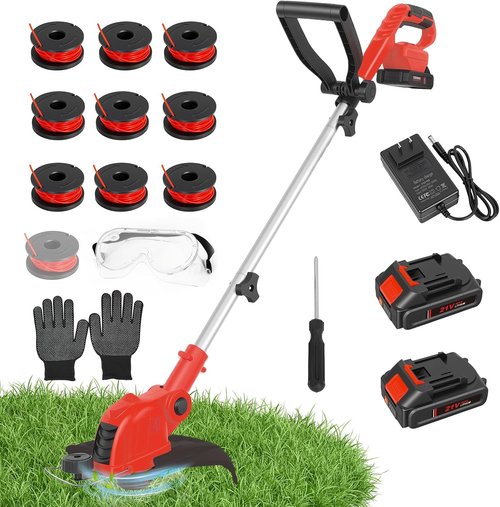 21V Cordless String Trimmer by [Brand Name] - 12" Auto-Feed Grass Cutter with 2.0Ah Battery & Fast Charger | 2-in-1 Electric Lawn Tool for Yard Maintenance - Red