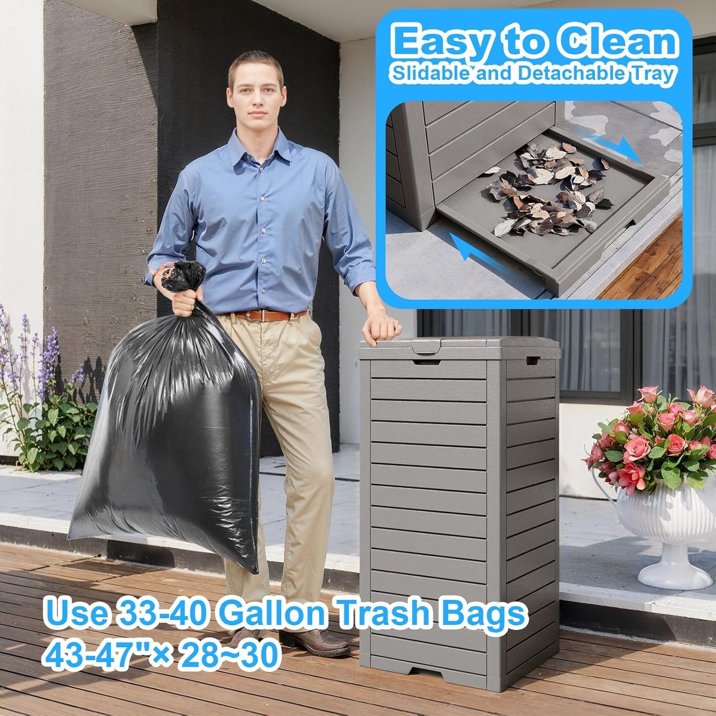 Regine Switzerland Outdoor Trash Can - Waterproof Resin Bin with Dual Lid Closure | 38 Gallon, Grey