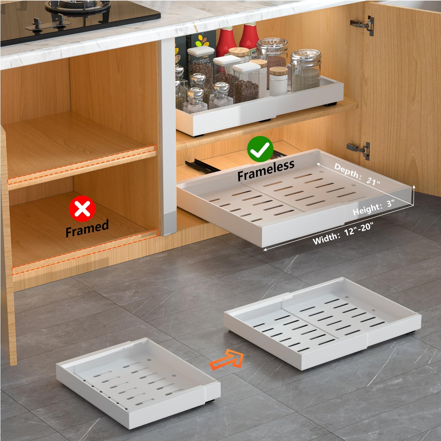 DEKAVA 2 Pack Pull Out Cabinet Organizer Expandable, Adhesive with Nano Film, Pull Out Drawers for Cabinets in Kitchen, Pantry or Bathroom (White, 21"DEEPX[12"-20'']Width-2PACK)