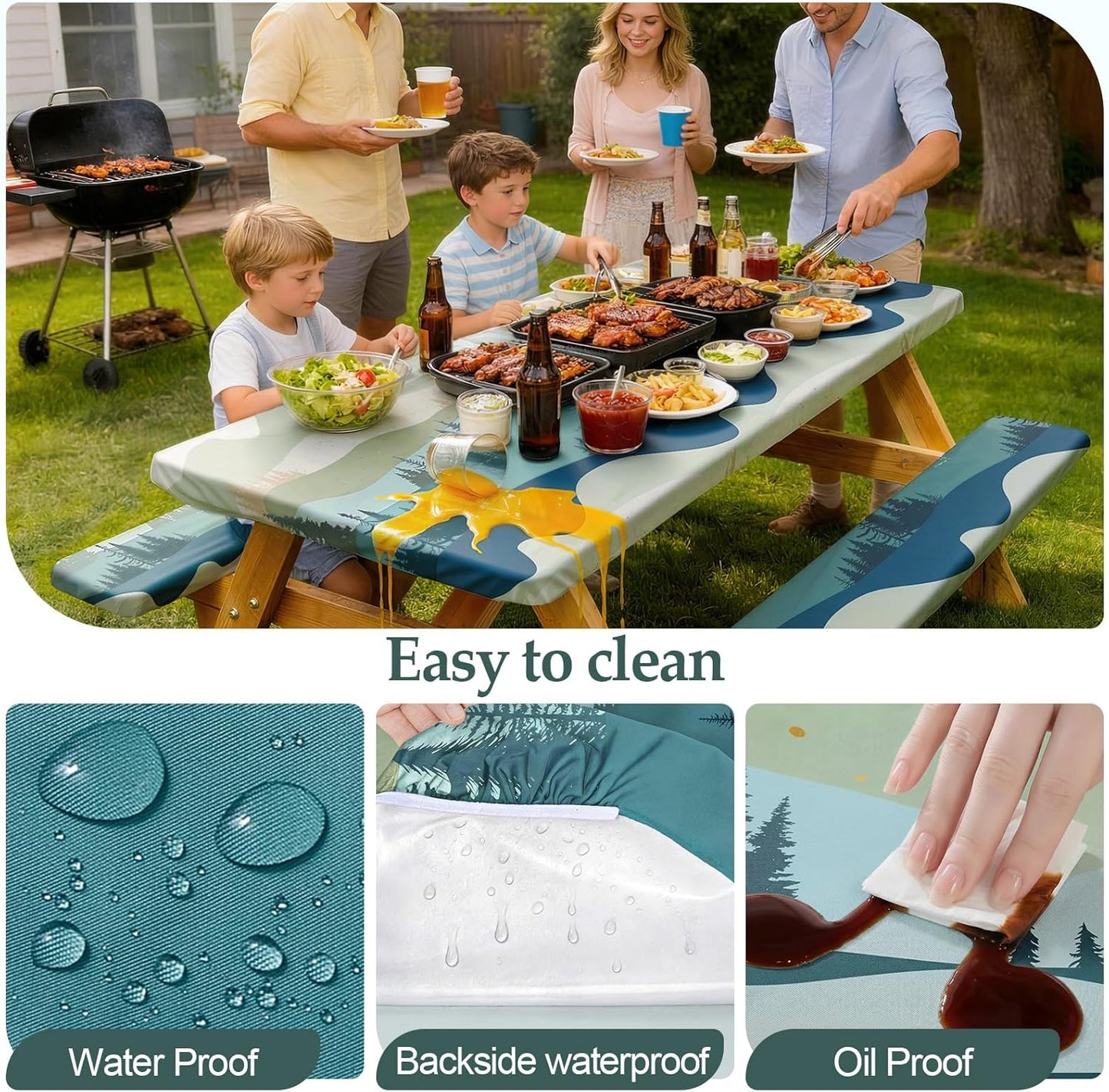 Picnic Table Cover - Waterproof & Windproof with Bench Covers | Fitted Rectangle 72in, Green Blue