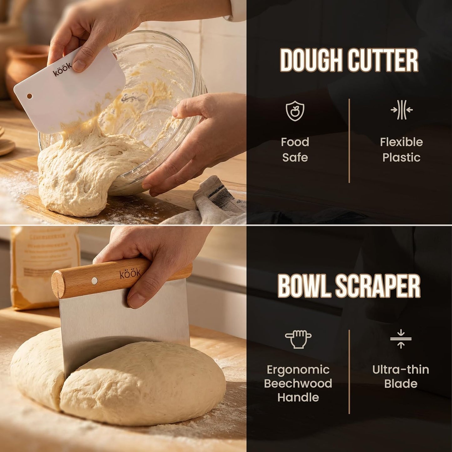 Kook Banneton Bread Proofing Set - Artisan Sourdough Kit with Rattan Baskets & Accessories | Set of 2