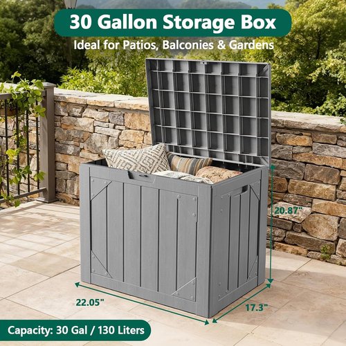 30 Gallon Outdoor Storage Box - Waterproof Resin Deck Organizer for Patio Cushions & Garden Tools