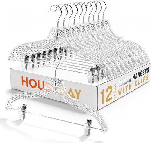 HOUSE DAY Clear Plastic Pants Hangers - 12 Pack Non-Slip Skirt Hangers with Adjustable Clips & 360° Swivel Hook