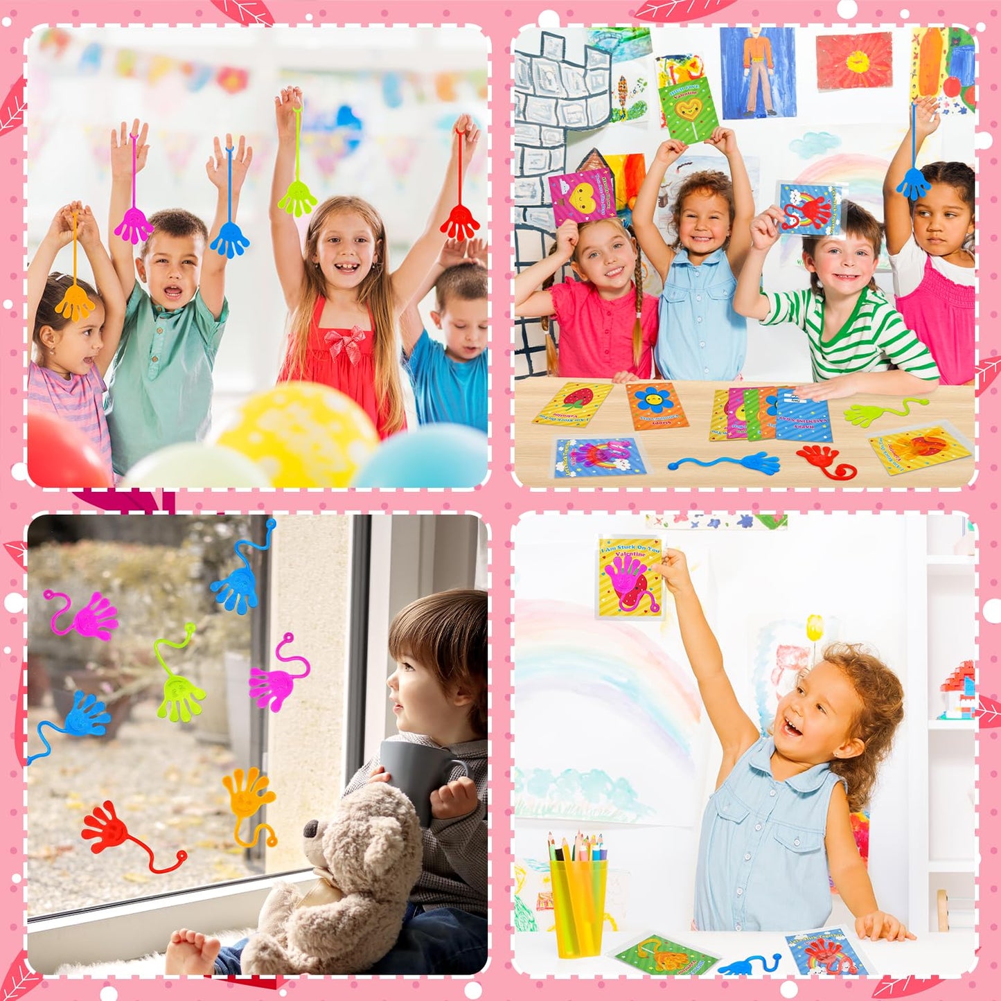 Preschool Valentines Day Gifts for Kids Classroom,28 Pack Valentine Sticky Slappy Hands Toys with Exchange Cards,Valentine Non Candy Party Favors,School Classroom Treats & Prizes for Toddler Boys Girl