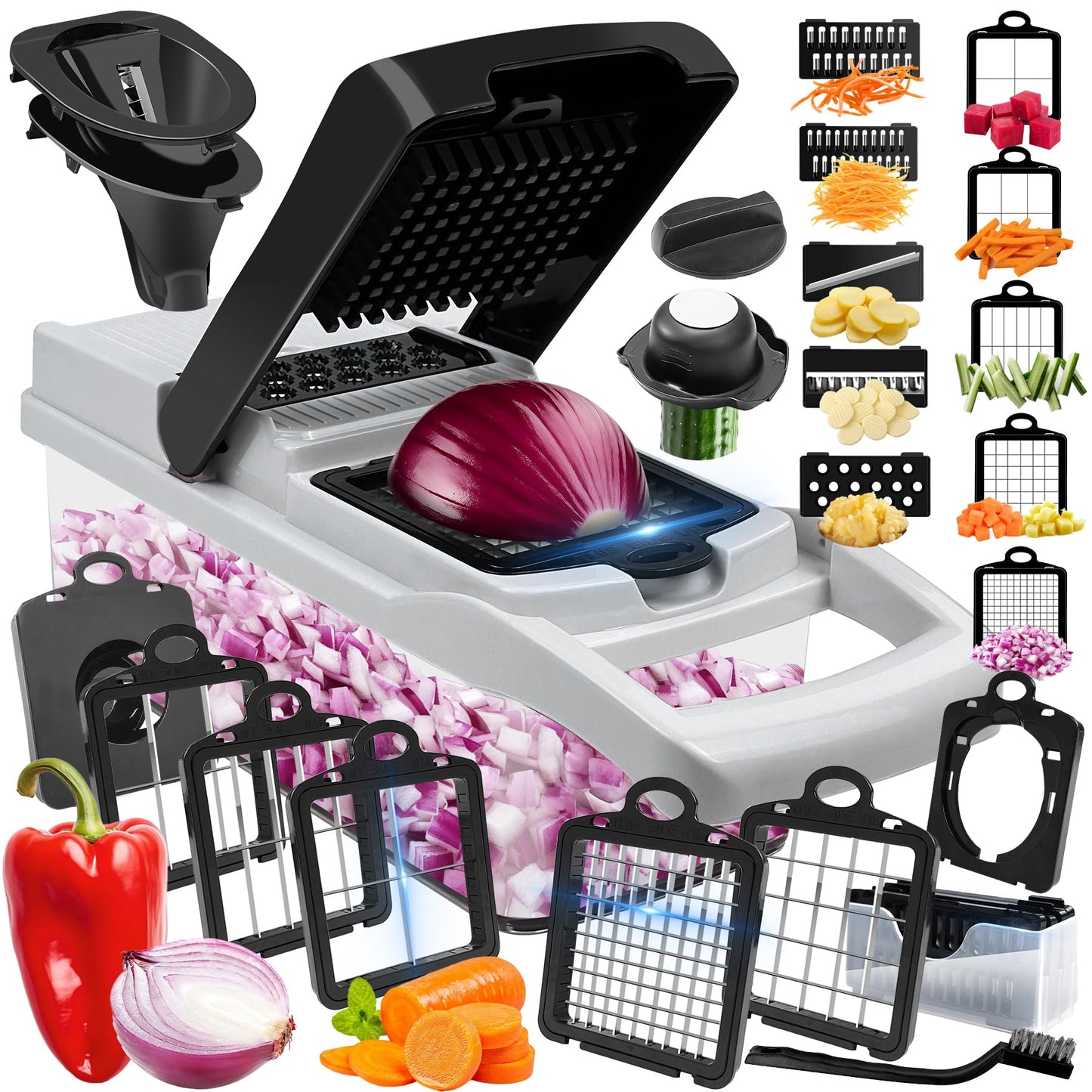 Vegetable Chopper, 10 Blades Slicer Onion Dicer, Multi 23-in-1 Veggie Mandoline Food Cutter for Tomato Fruit, Vegetable cutter with Hand Protector, Egg Separator & Slicer, Container（Black）
