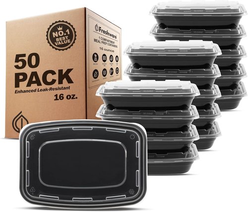 Freshware Meal Prep Containers - 50 Pack 1 Compartment Food Storage with Lids | BPA Free, Stackable, 16 oz