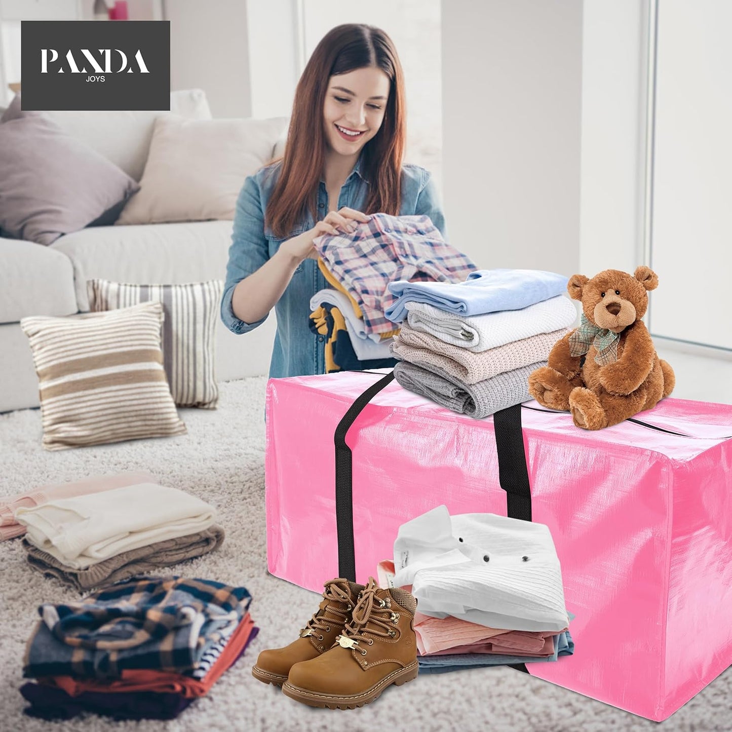 PANDA JOYS Extra Large Moving Bags - Heavy-Duty Storage Totes with Zippers & Handles | 12 Pack, Pink