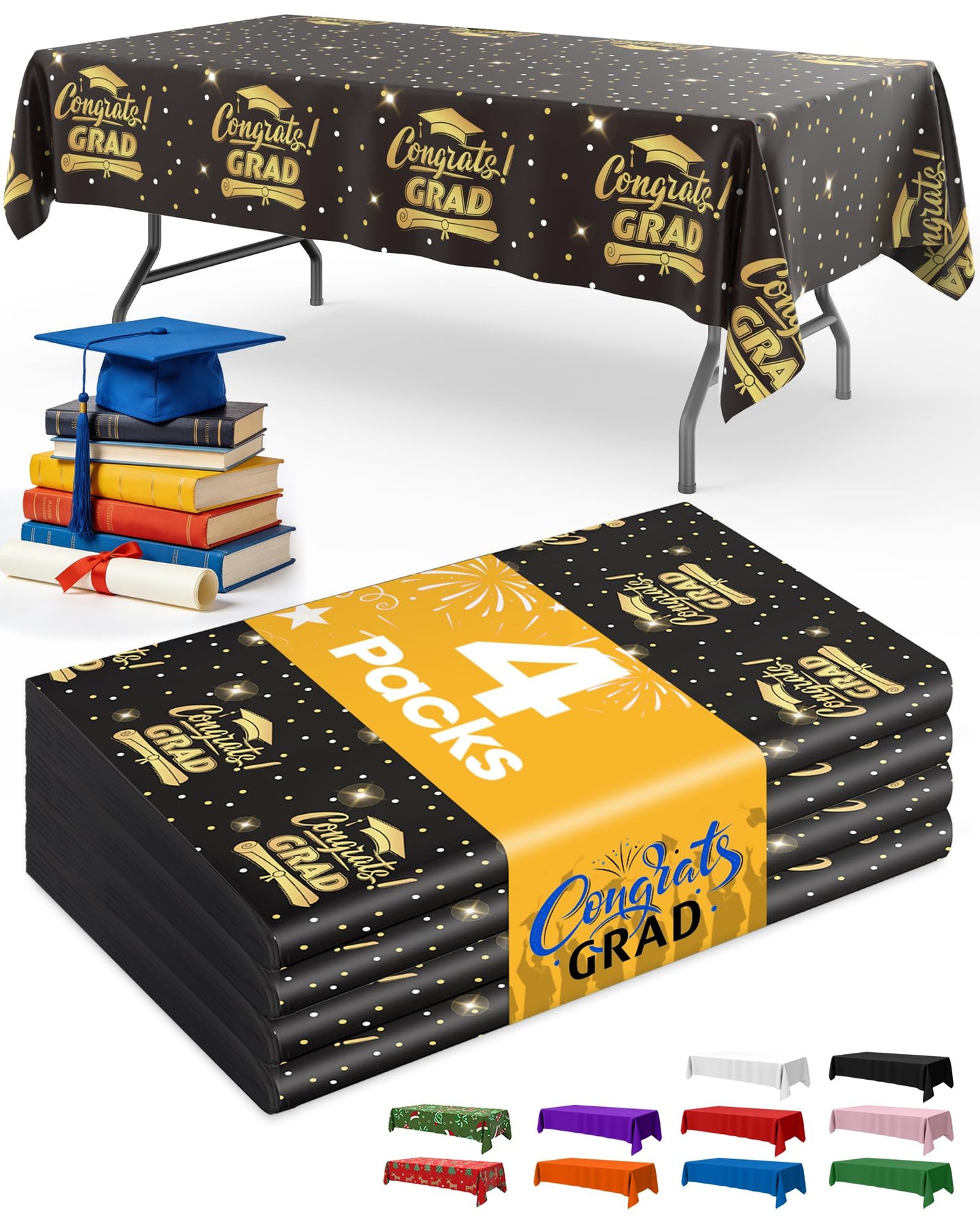 Niuara Black Graduation Tablecloth 2026 – 4 Pack 54" x 108" Disposable Tablecloths for 6FT Tables, Class of 2026 Graduation Party Decorations & Supplies