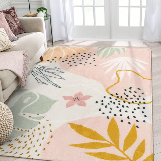 Lahome Pink Carpet for Living Room - 4x6 Area Rug for Bedroom Washable Non-Slip Boho Rug Throw Cute Soft Nursery Kids Rug, Abstract Botanical Print Indoor Rugs for Kitchen Entryway Laundry Dining Room