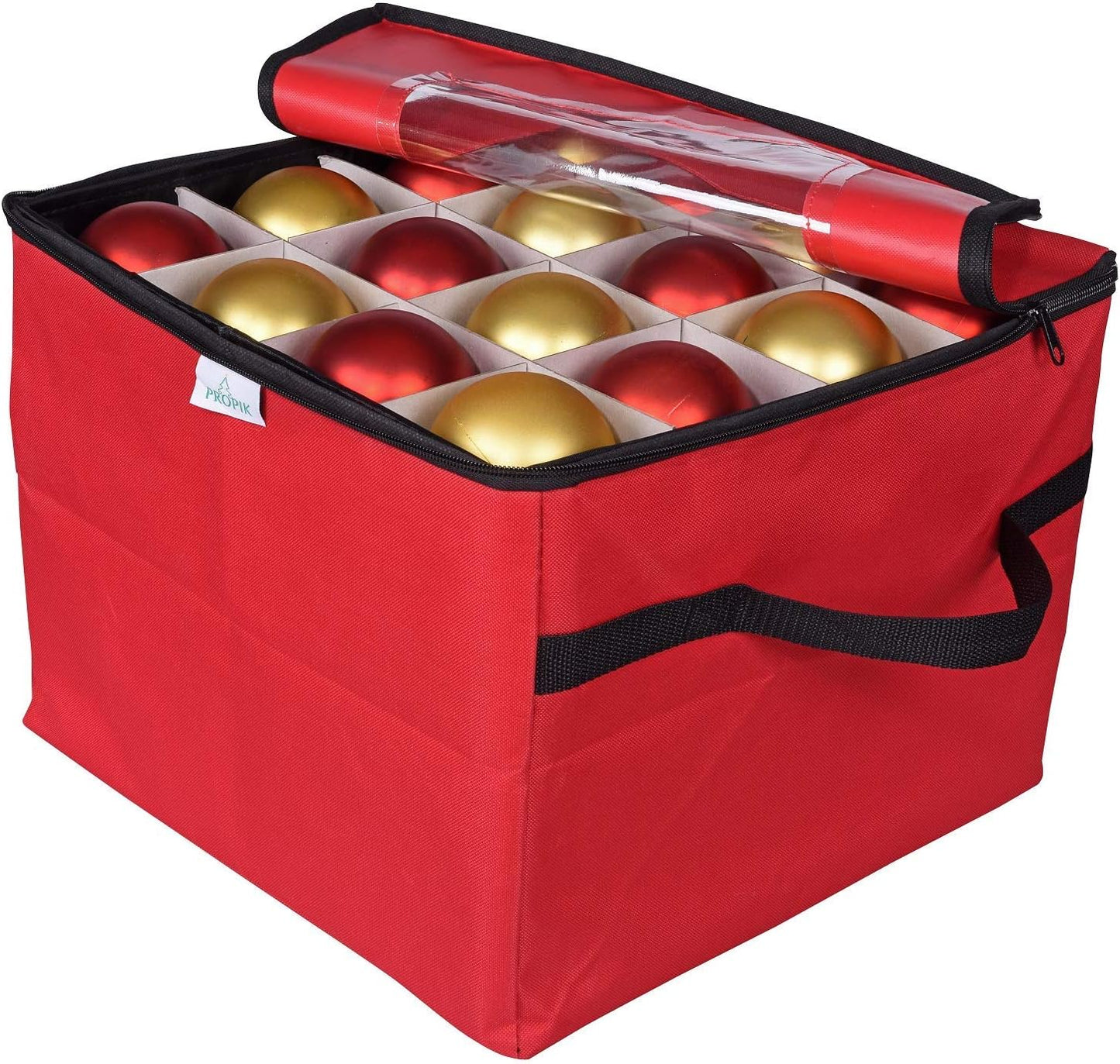 ProPik Christmas Ornament Storage Box - Organizes Up to 48 Xmas Balls with 3 Removable Trays | Red