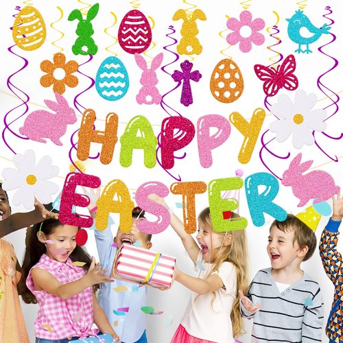 Easter Party Decoration Set Happy Easter Banner with 17 Pcs Hanging Swirl Decor Hello Spring Garland Eggs Hunting Bunnies Flowers Goodies Chocolate Jesus theme Party Supplies