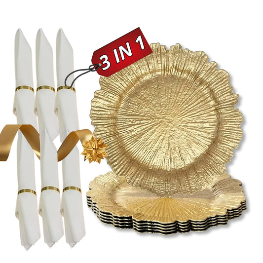 LEMELC Gold Plastic Charger Plates Set – 6 Reef-Style 13" Chargers with 6 White Napkins & 6 Gold Metal Rings – Party Charger Plates & Elegant Table Décor for Dinner Parties & Special Occasions