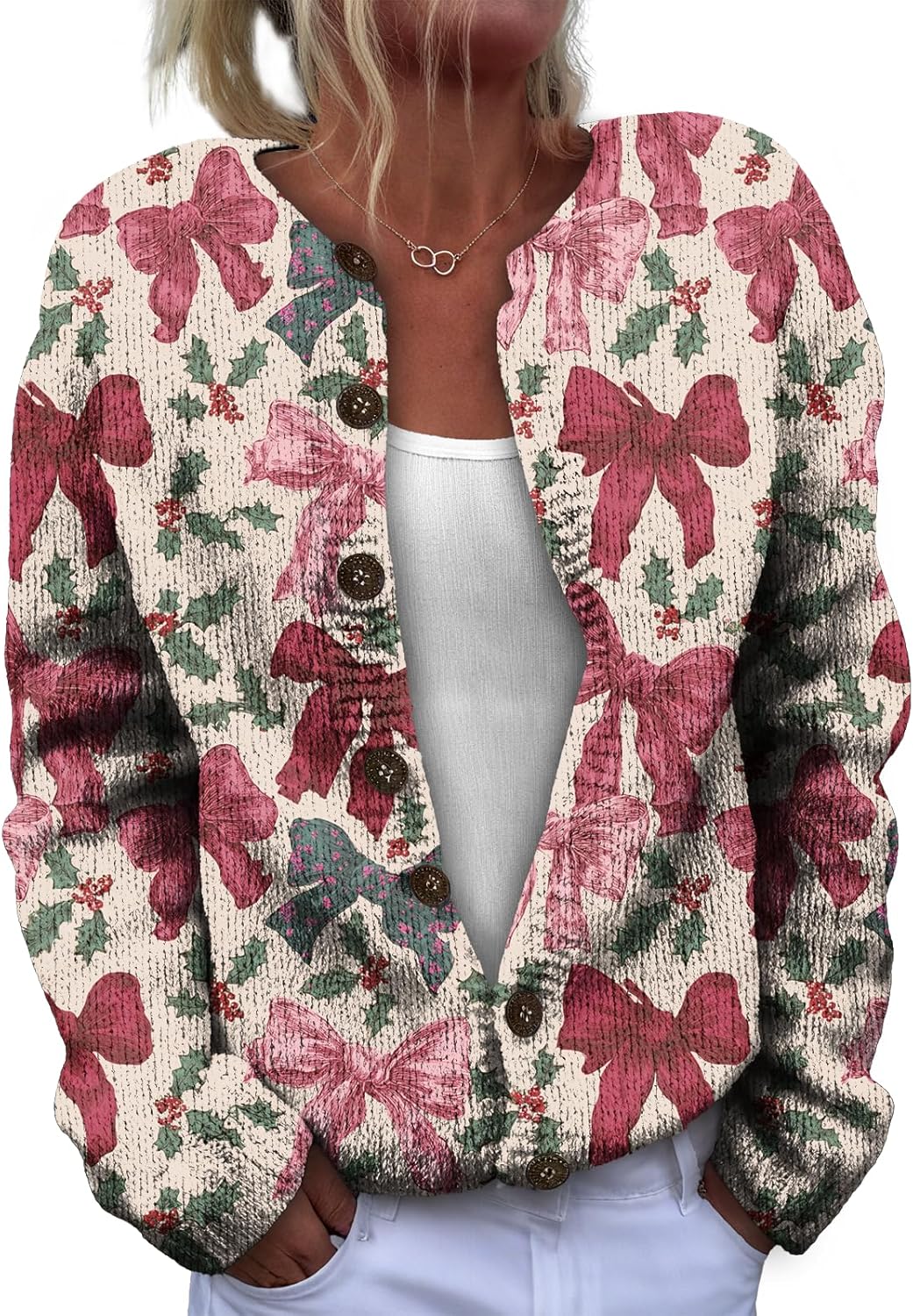 Skiennix Christmas Cardigan Sweater - Snowflake & Christmas Tree Print - Lightweight Red 2XL
