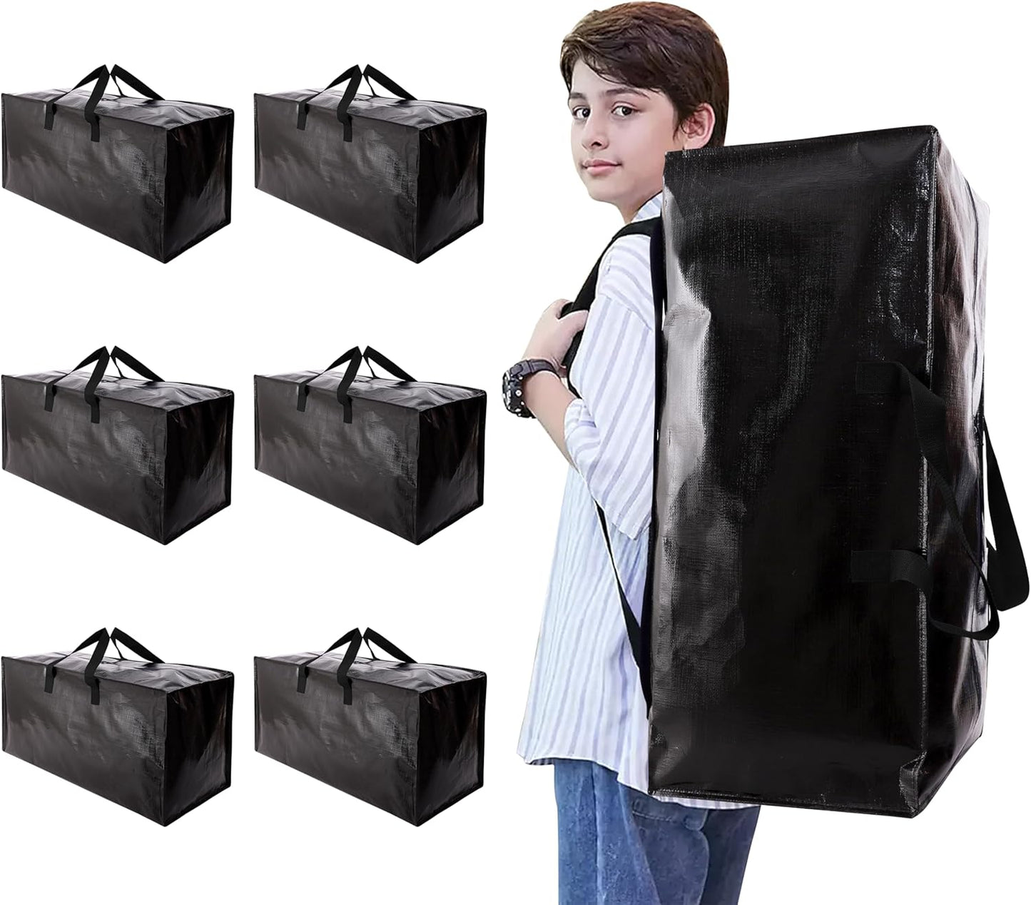 NATURELUX Heavy-Duty Moving Bags - Backpack Straps & Strong Handles - 6 Pack, Black Storage Solution