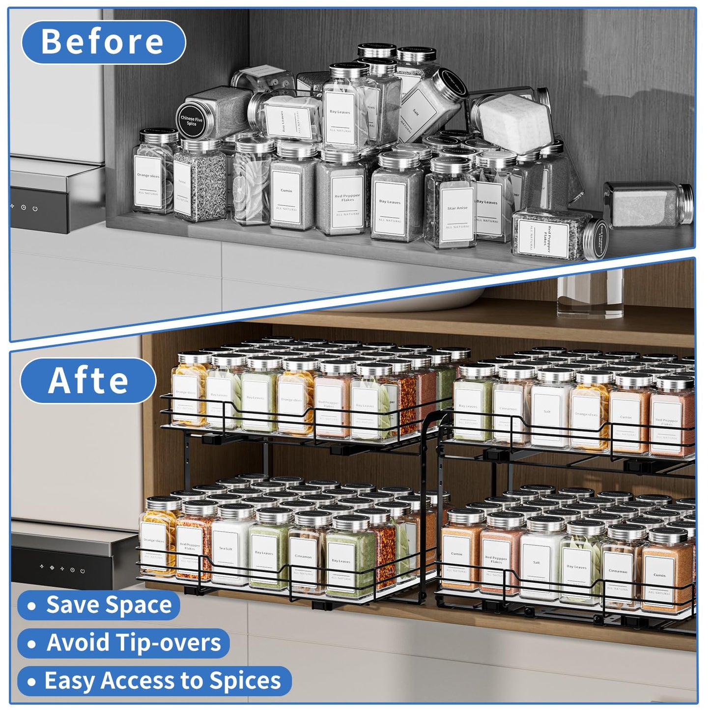 BOIVSHI 2-Tier Pull Out Spice Rack, Spice Rack Organizer, Pull Out Spice Racks for Inside Cabinets, Height Adjustable Heavy Duty Metal Basket for Inside Cabinet & Pantry (13.5''Wx10.5''Dx9.5''H)