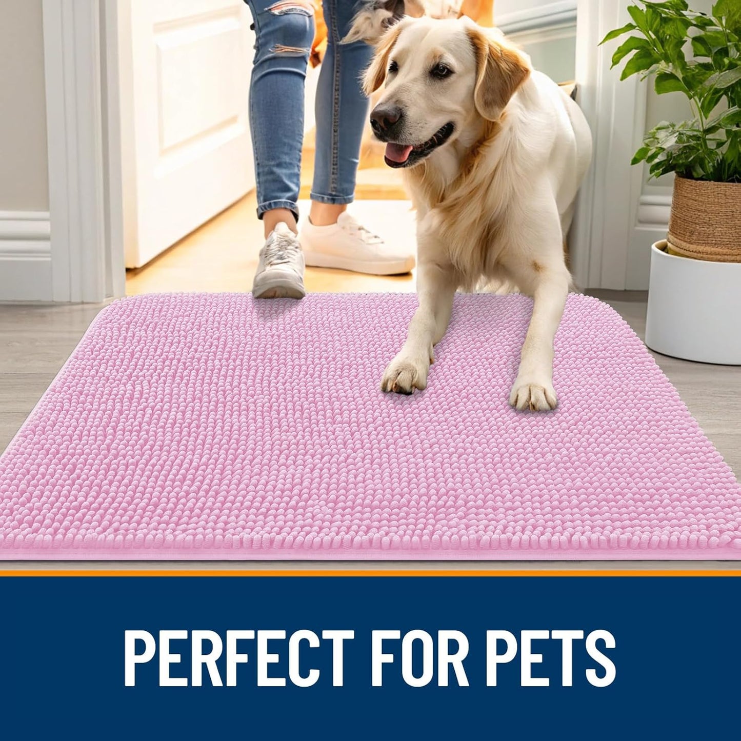 OLANLY Dog Door Mat - Absorbent Non-Slip Washable Doormat for Muddy Paws | 50x30 Pink Chenille Mat