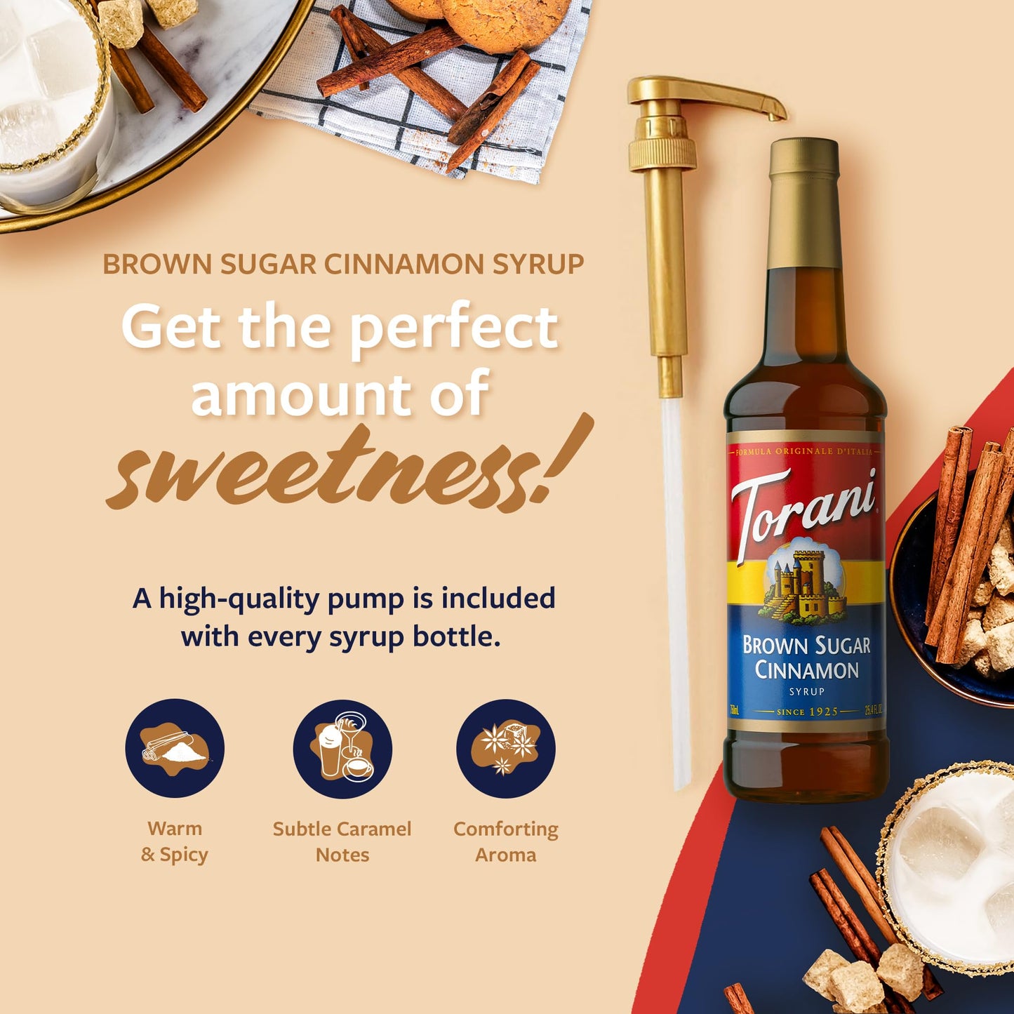 Torani Brown Sugar Cinnamon Coffee Syrup, Flavored Syrup for Drinks, Pump Included, 25.4 Fl Oz