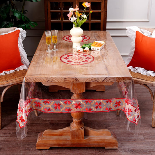 ARTMAGIC Clear Plastic PVC Tablecloth Embroidery Red Lace Rectangle Transparent Table Protector 100% Oil Proof Waterproof for Home Holiday Party Dining Room (Red, 60"x120")
