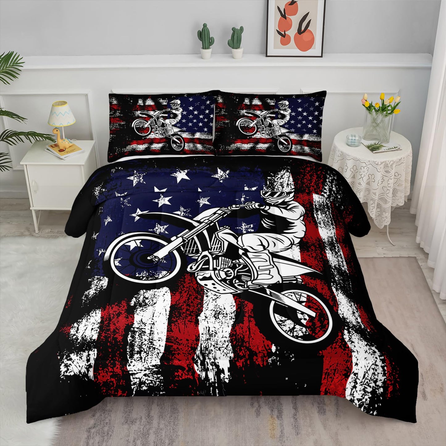 Axolotl Dirt Bike Comforter Set Twin, American Flag Bedding Set, Motocross Comforter,White Red Stripes Stars Bedding, Motorcycle Racer Quilt for Boys Kids Teens Men, 1 Dirt Bike Quilt 2 Pillowcases