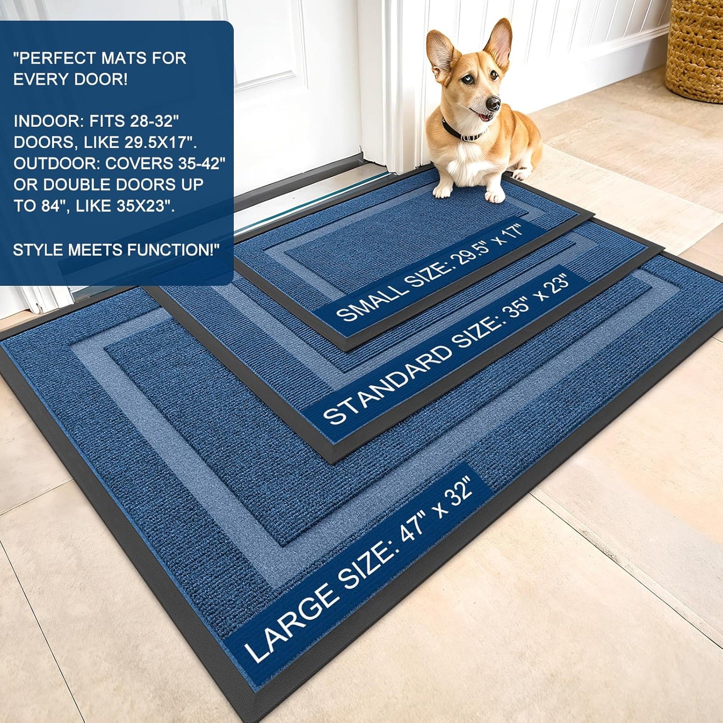 OLANLY Indoor Outdoor Front Door Mat - Waterproof All-Weather Doormat, Easy Clean, 47x17, Light Blue