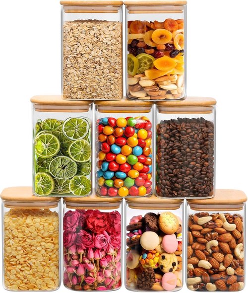 ComSaf Glass Storage Containers - 1.2 Qt Clear Jars with Lids | Set of 9 for Pantry Organization